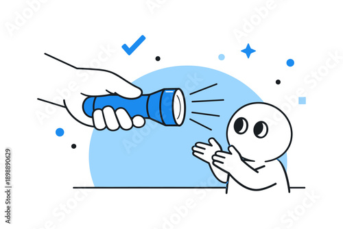 Hand offering flashlight to enthusiastic cartoon character against blue background