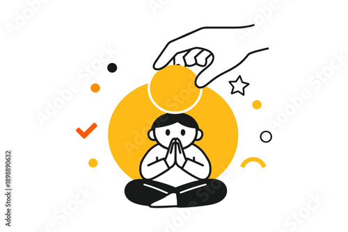 Hand placing coin over meditating asian individual with yellow geometric background
