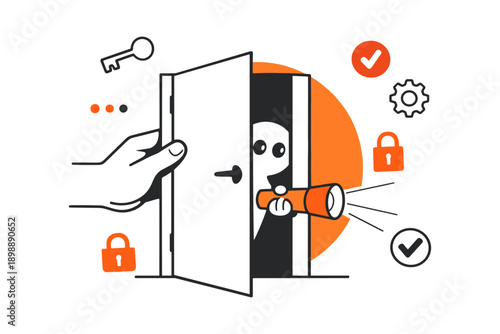 Cartoon ghost investigating behind door with flashlight in orange and black design