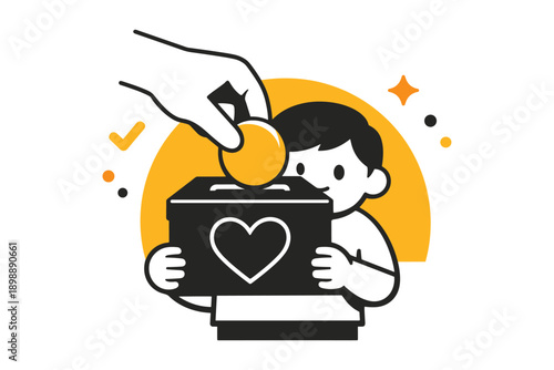 Child receiving donation in box with heart symbol
