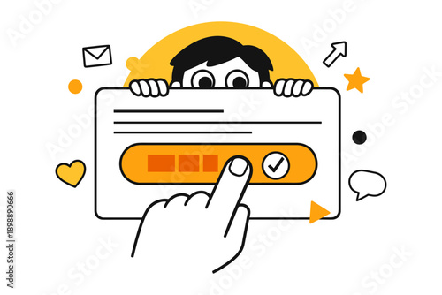 Cartoon character hiding behind banner with interactive elements and shapes