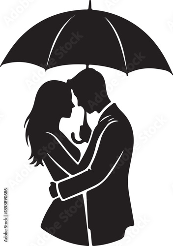 Couple with Umbrella Silhouette Romantic Love Scene Black Vector Illustration