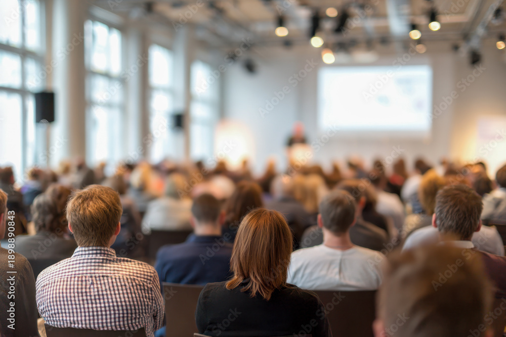 Fototapeta premium Audience of diverse attendees focused on a speaker presenting in a bright, modern conference room during a professional seminar event