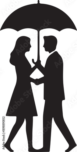 Couple with Umbrella Silhouette Romantic Love Scene Black Vector Illustration