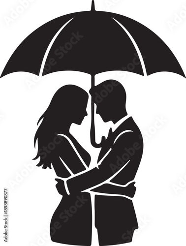Couple with Umbrella Silhouette Romantic Love Scene Black Vector Illustration