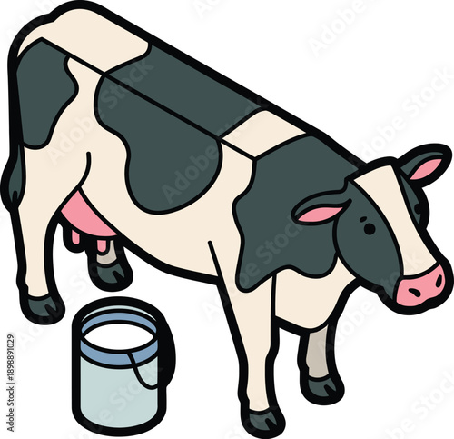 Cow clipart farm animal standing with milk bucket in simple cartoon style