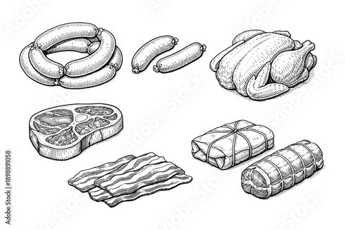 Assorted meat sketch: sausages, chicken, beef, bacon, and pork