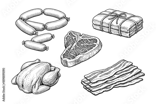 Vintage meat illustrations: sausages, t-bone, chicken, bacon, wrapped meat