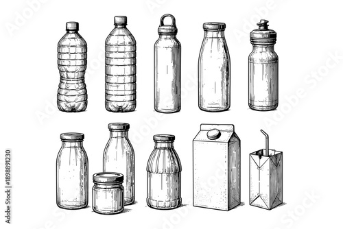 Variety of empty beverage containers in black and white sketch style