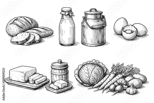 Vintage engraving of dairy and produce items: bread, milk, eggs, butter, cabbage, carrots