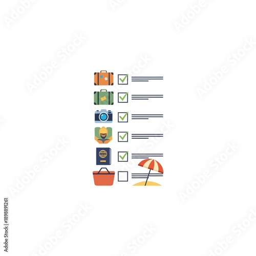 Traveler checklist items packed for vacation at beach