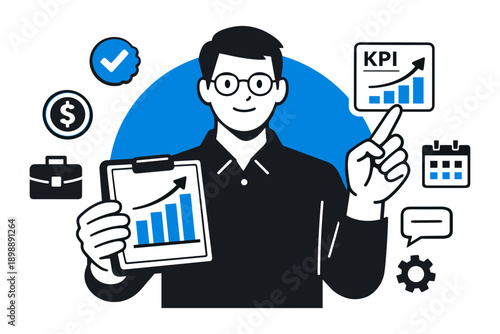 Young caucasian male presenter displaying kpi growth with business icons