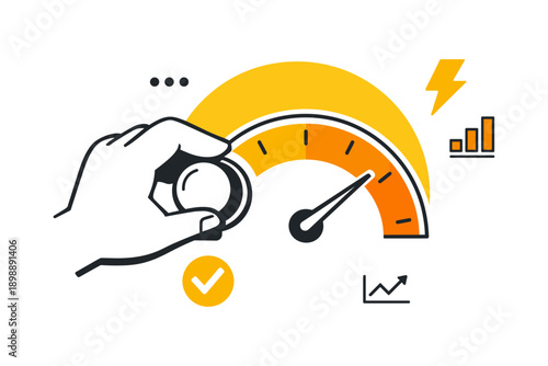 Hand adjusting speedometer with graph icons highlighting performance and growth