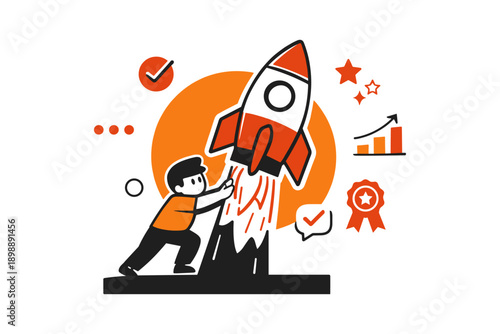 Young boy launching rocket in cartoon style with success symbols