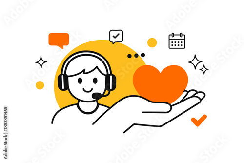 Customer support: call center, tech assistance, heart icon, communication symbols