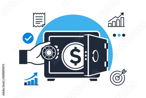 Hand securing money in safe with financial growth and security icons