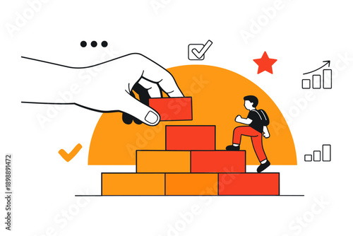 Conceptual illustration of personal growth and achievement with climbing male teen