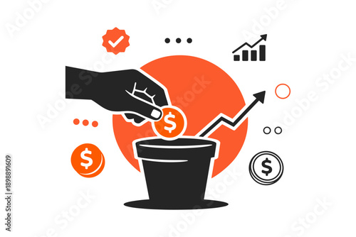Hand placing coin in pot with upward arrow and symbols
