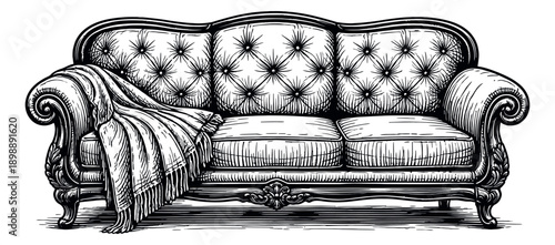 Hand drawn line art illustration of an elegant sofa depicting tufted upholstery and a draped blanket for home decor