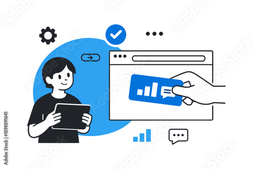 Young asian male using tablet with data visualization and technology icons