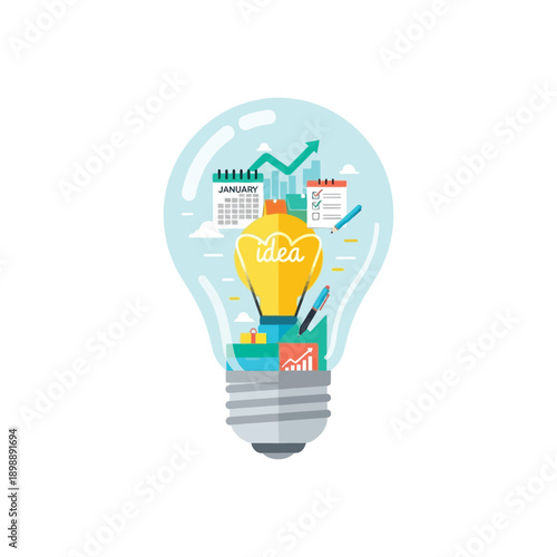 Creative idea generation concept with lightbulb and office supplies illustration