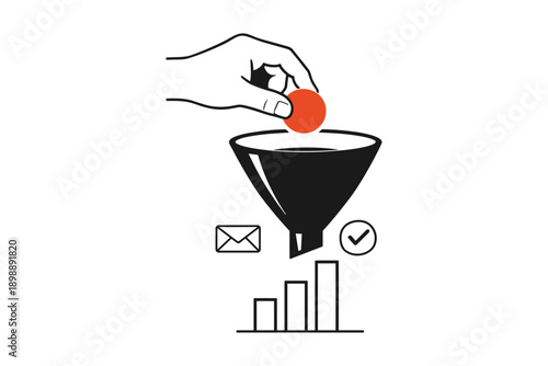 Hand dropping coin into funnel with icons representing email, growth, and approval