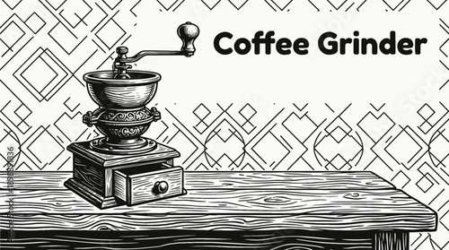 Vintage Coffee Grinder Kitchen Appliance Household Retro Black and White Background Vector Illustration