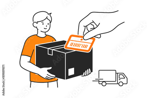 Male receiving package with barcode card and delivery truck icon illustration