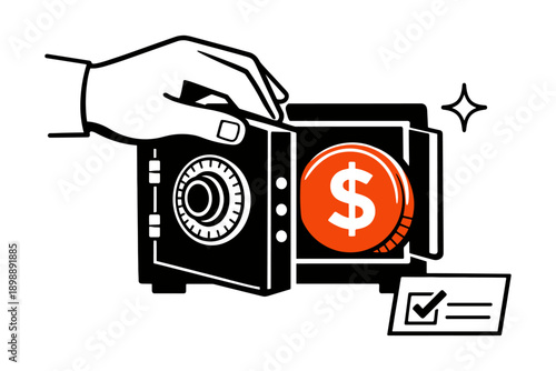 Secure safe with hand, dollar coin, and checklist icon illustration
