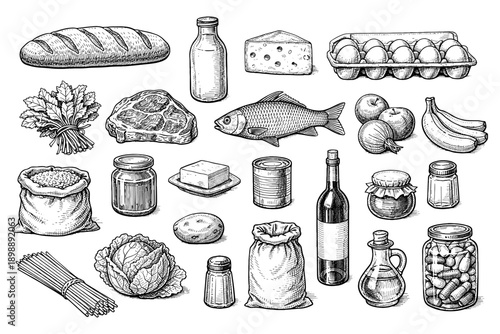 Hand-drawn food collection with bread, wine, fish, and vegetables