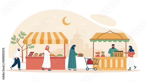 Middle Eastern market scene with people shopping at food stalls, featuring traditional Islamic architecture and cultural elements.