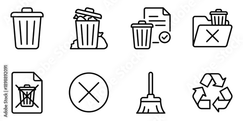 Set of black and white line art icons representing waste management, recycling, and data deletion for digital use Vector Icon Bundle