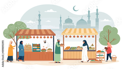 Vibrant Islamic market scene with diverse people browsing fresh produce and goods, traditional architecture in the background.
