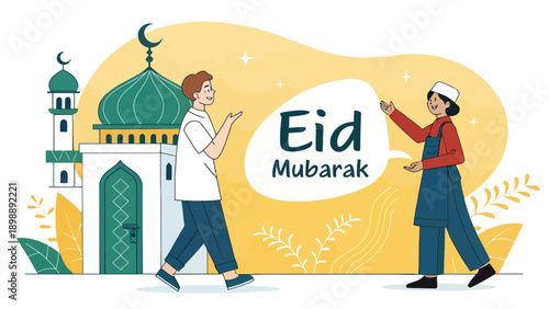 Two Muslim men greeting each other at Eid Mubarak celebration with mosque background