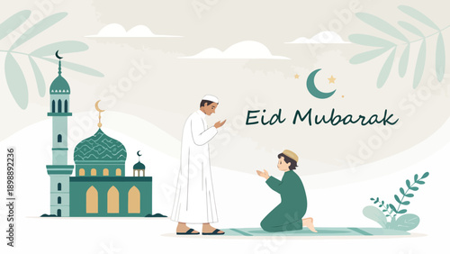 Father and son praying together for Eid Mubarak with mosque in the background