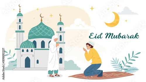 Muslims praying at mosque for Eid Mubarak, spiritual celebration illustration