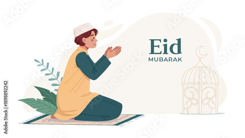 Muslim man praying with hands raised in supplication for Eid Mubarak, illustration