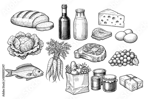 Vintage food groceries: bread, wine, cheese, vegetables, fish, gifts