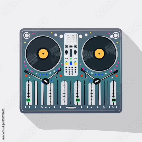 Table de mixage DJ – illustration numérique d’un équipement de performance musicale.  Parfait pour visuels liés à la musique et aux performances live.