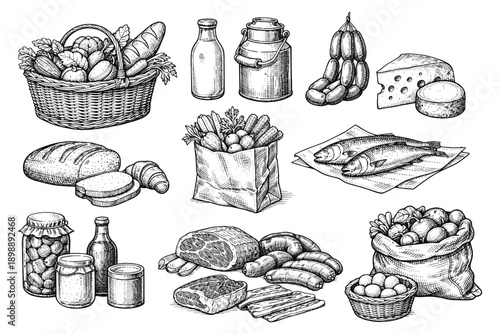 Hand-drawn market selection: fresh produce, dairy, bread, meats, and fish