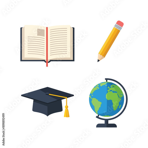 Education icons with book, pencil, graduation cap, and globe on white background