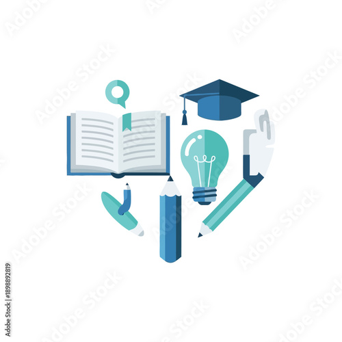 Graduation cap sits beside an open book and pencil on a desk indoors.