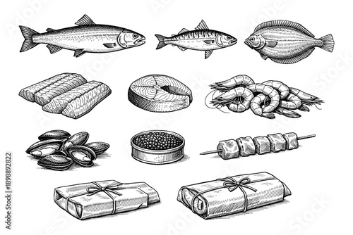 Hand-drawn seafood collection: fish, shrimp, clams, caviar, and sushi illustrations