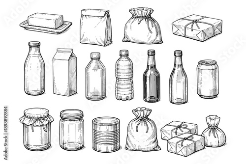 Vintage hand-drawn sketch of various food and drink packaging containers