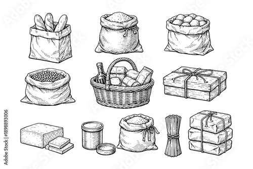 Rustic grocery set with sackcloth bags, basket, and boxes featuring bread and spices