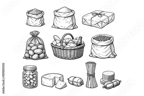 Illustrated collection of groceries and food items including grains potatoes basket pasta and cheese