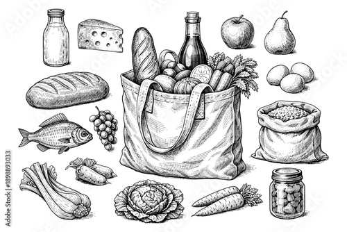 Hand-drawn grocery bag with fresh produce and food items
