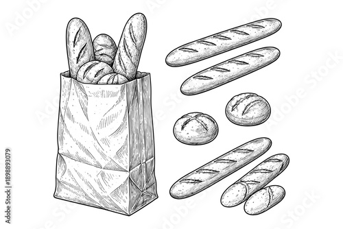 Vintage bakery sketch: baguette, bread loaves, paper bag illustration