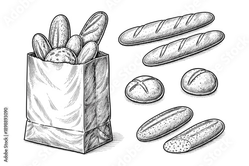 Hand-drawn bread collection with various types of baguettes and rolls