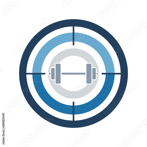 Fitness target with dumbbell in blue and gray circles and crosshairs on white
